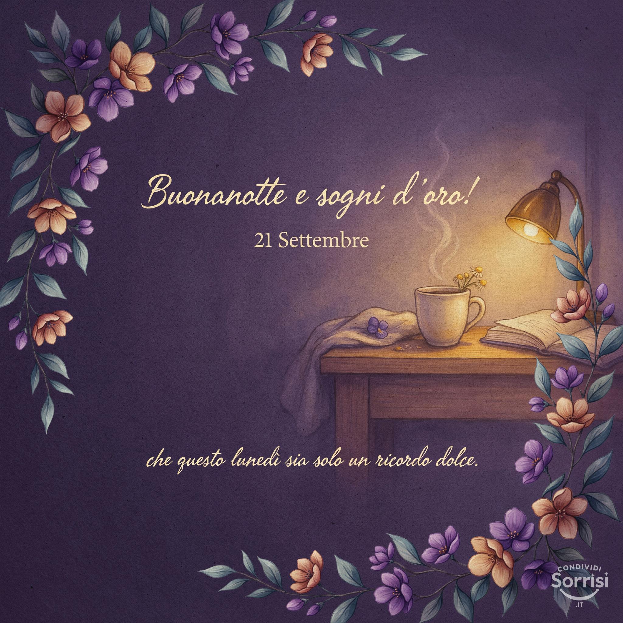 Buonanotte e sogni d'oro! 21 Settembre , che questo lunedì sia solo un ricordo dolce.